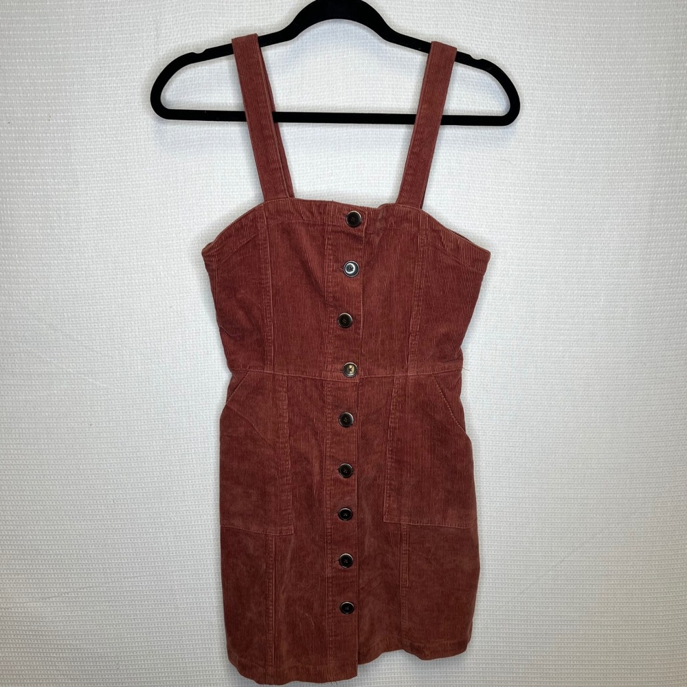 Denim Co Women Rust Corduroy Button Front Pinafore Dress Size 6 Pockets S143